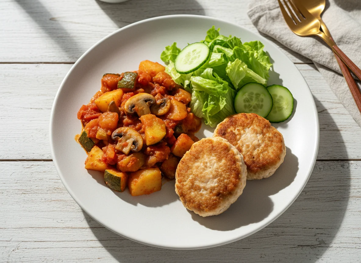 Овощное рагу с куриными котлетами и салатом photo