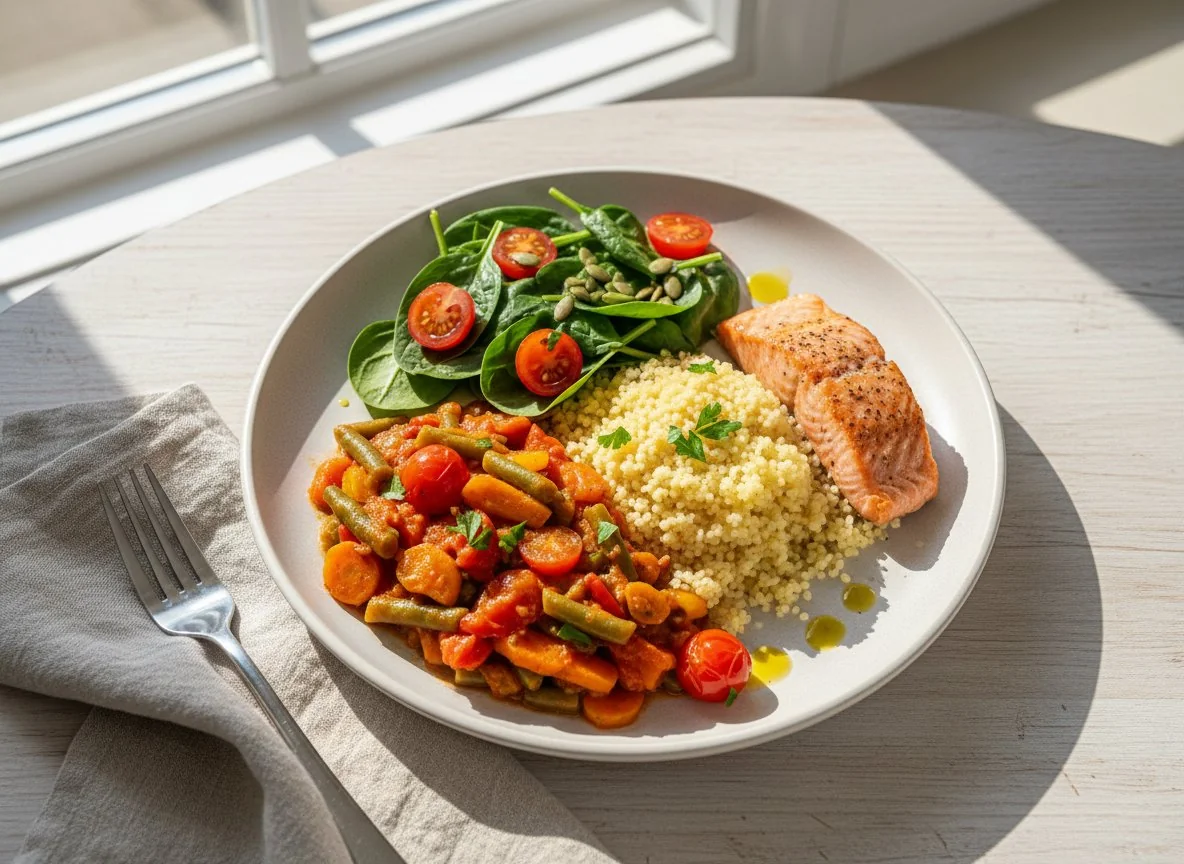 Овощное рагу с кускусом, салатом и рыбой photo