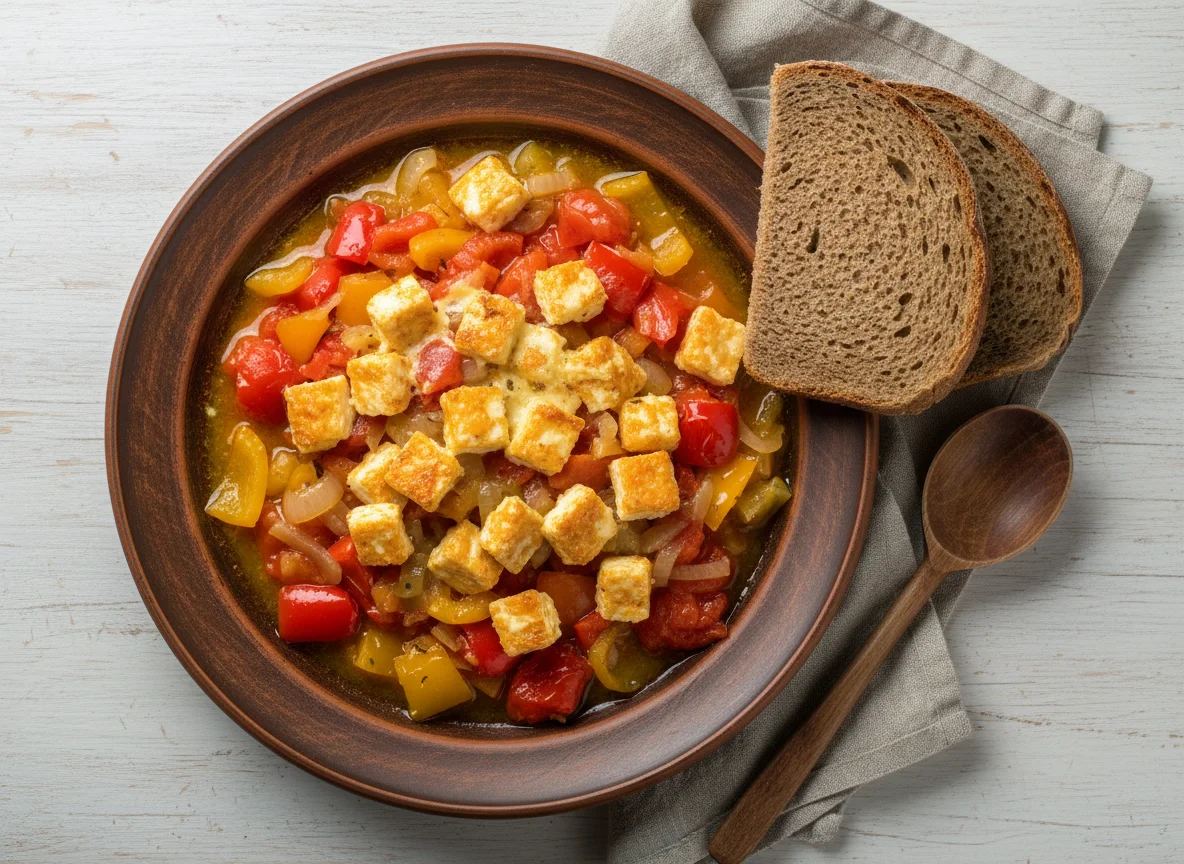 Овощное рагу с сыром и хлебом photo