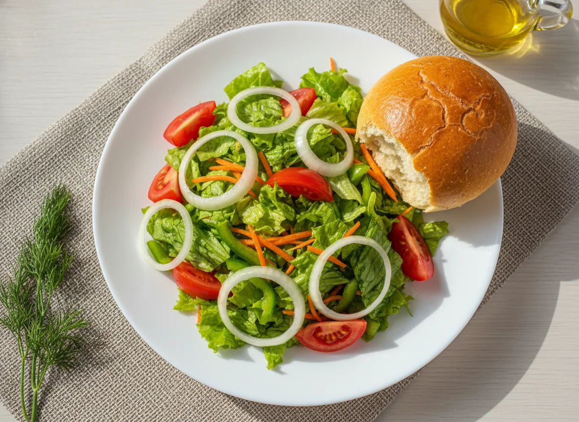 Овощной салат и булочка photo