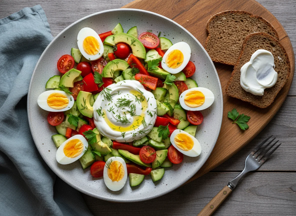 Овощной салат с яйцами, авокадо и йогуртом photo