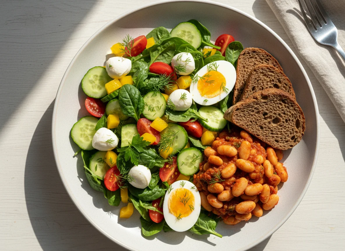 Овощной салат с фасолью, яйцом и хлебом photo