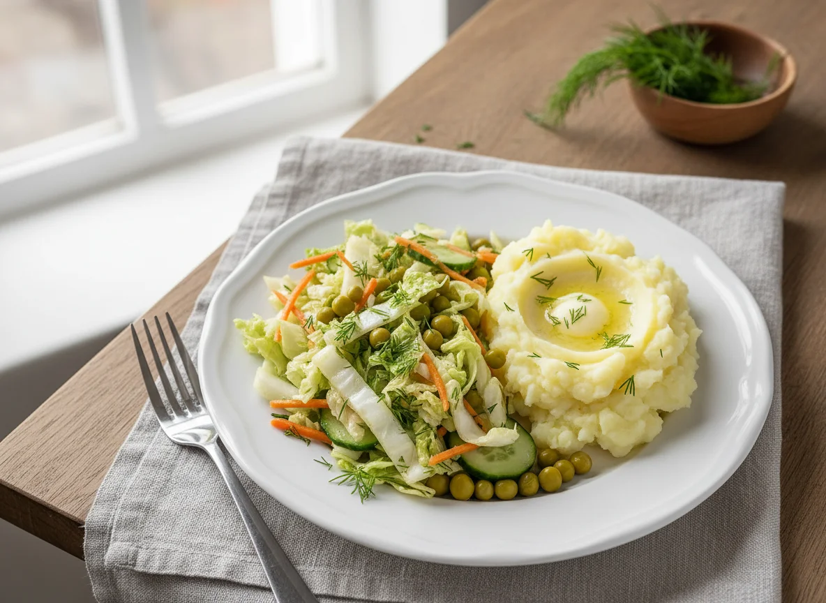 Овощной салат с горошком и пюре photo