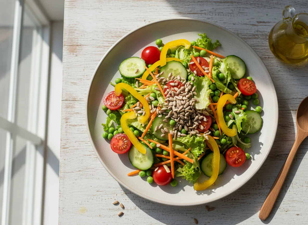 Овощной салат с горошком и семечками photo