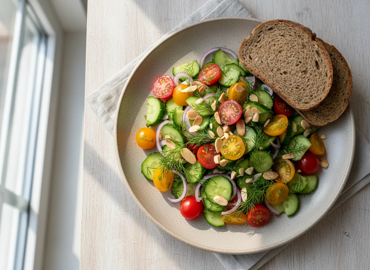 Овощной салат с хлебом и миндалем photo