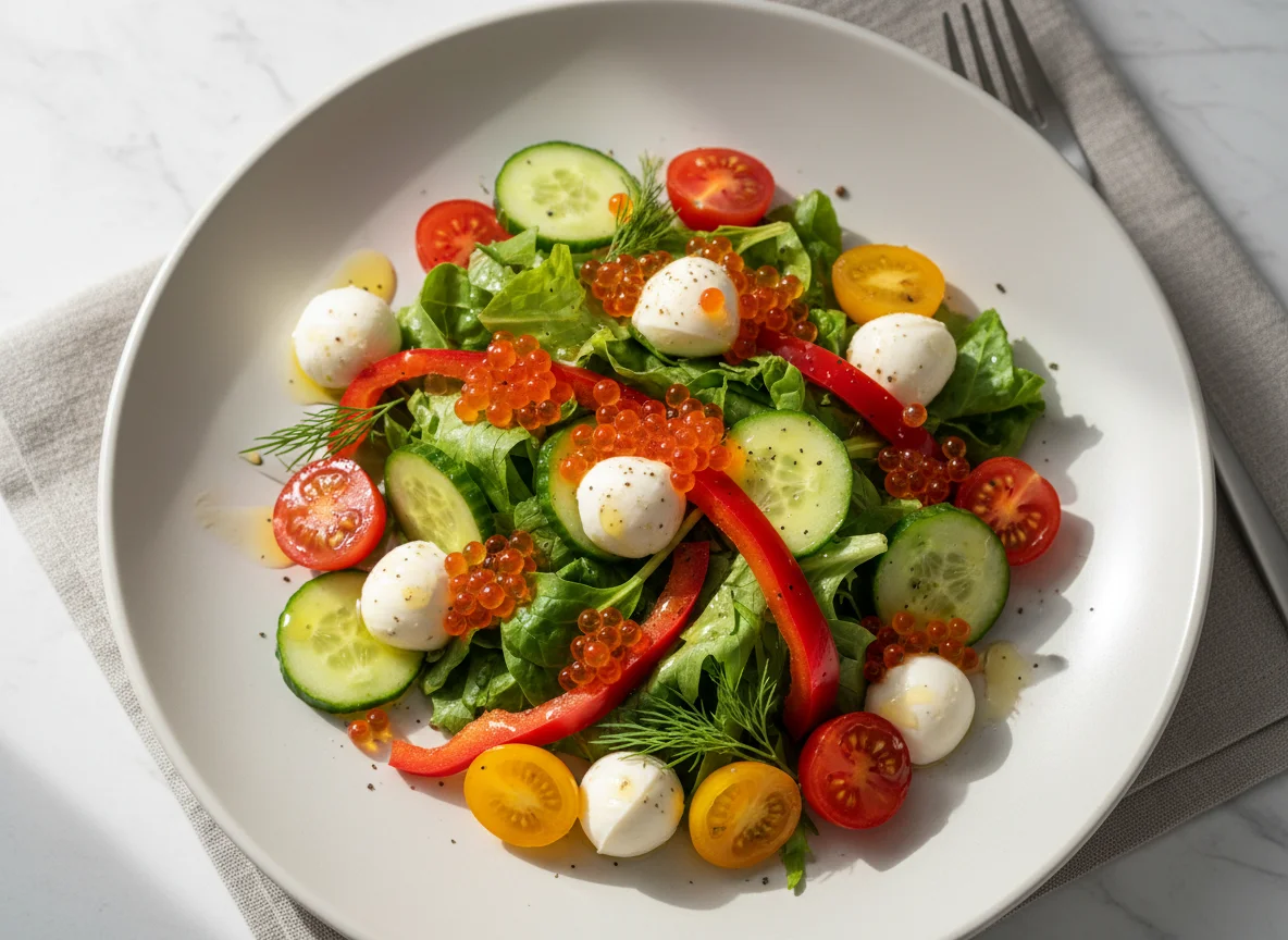 Овощной салат с икрой и соусом photo