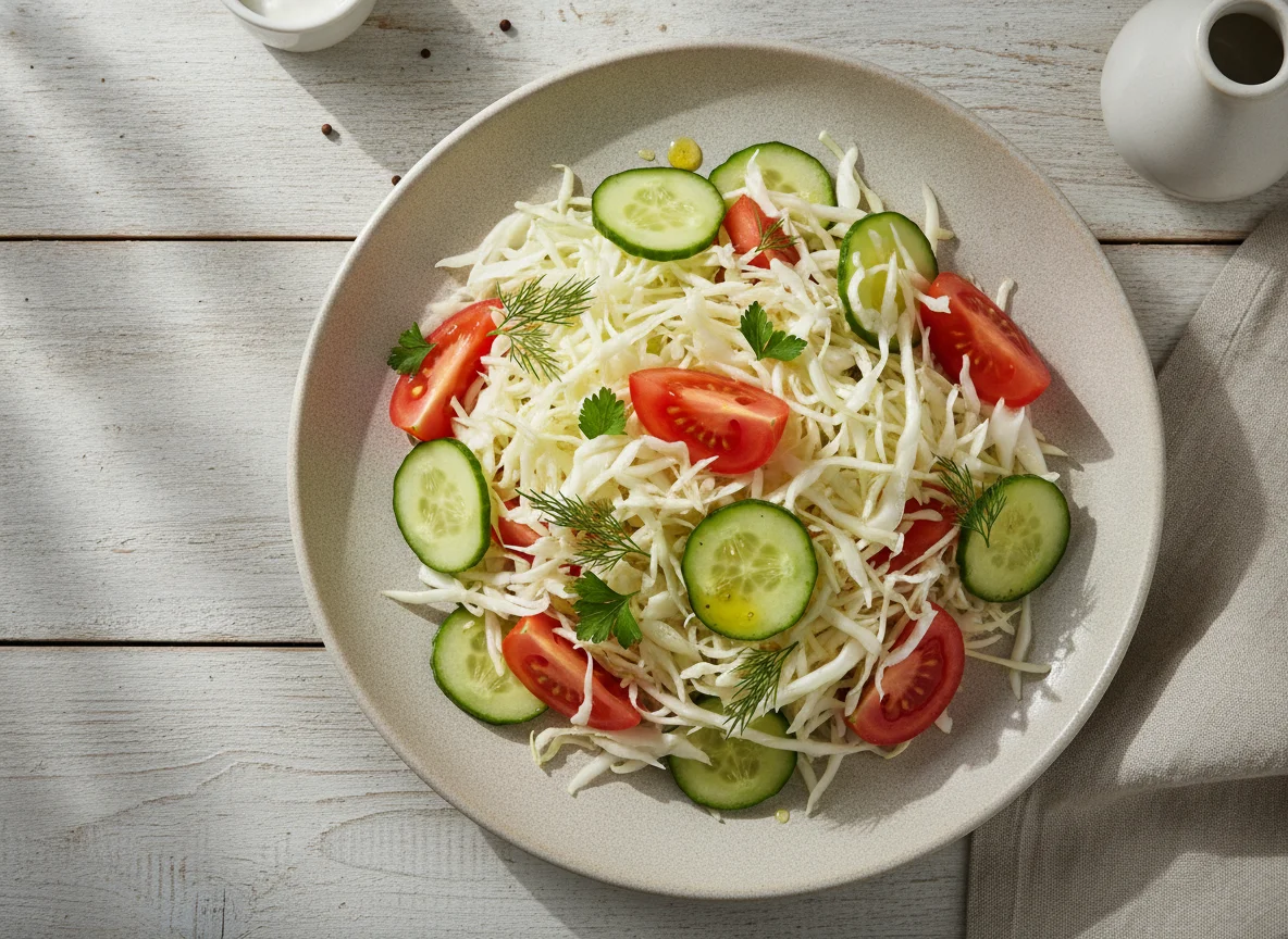 Овощной салат с капустой, огурцами и помидорами photo