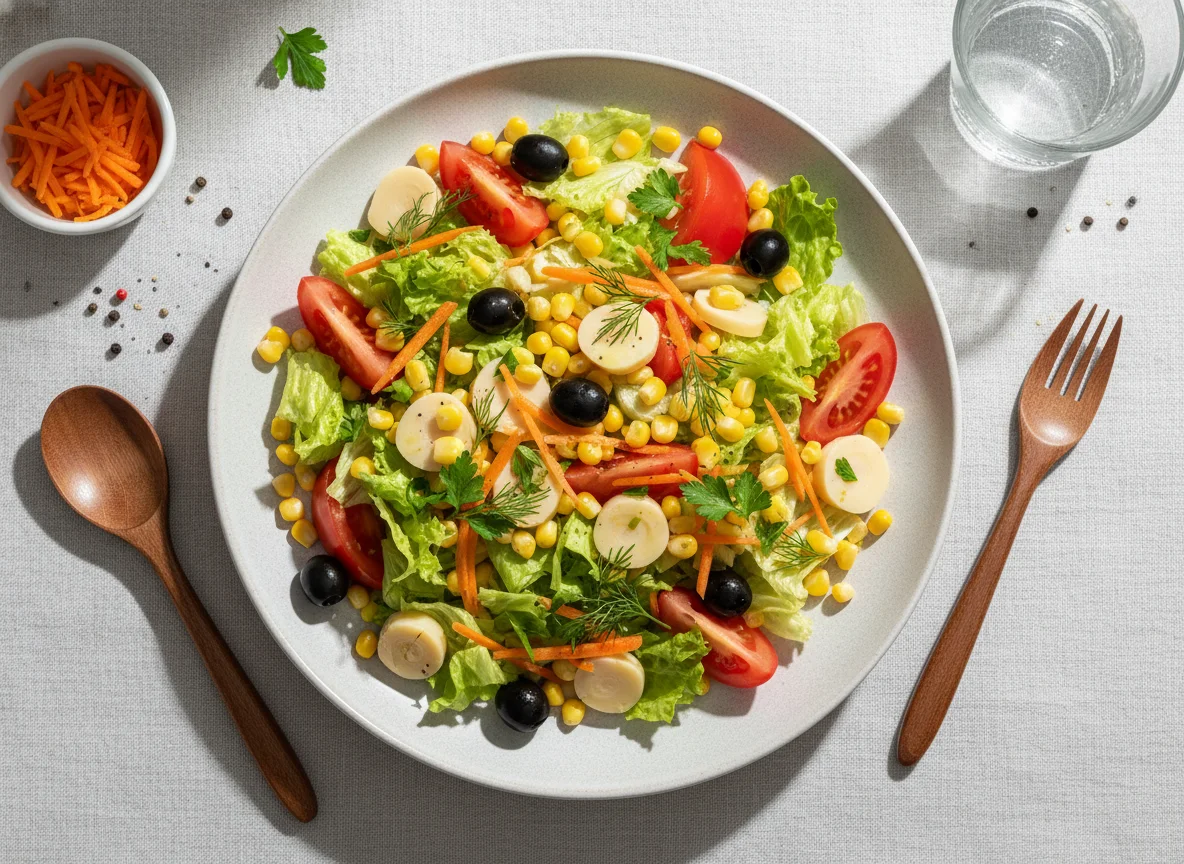 Овощной салат с кукурузой и оливками photo