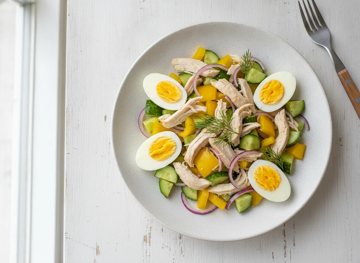 Овощной салат с курицей и яйцом photo