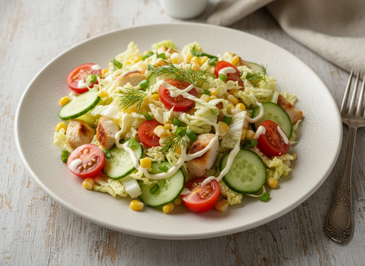 Овощной салат с курицей и кукурузой photo
