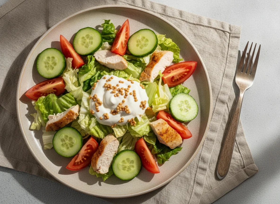 Овощной салат с курицей и соусом photo