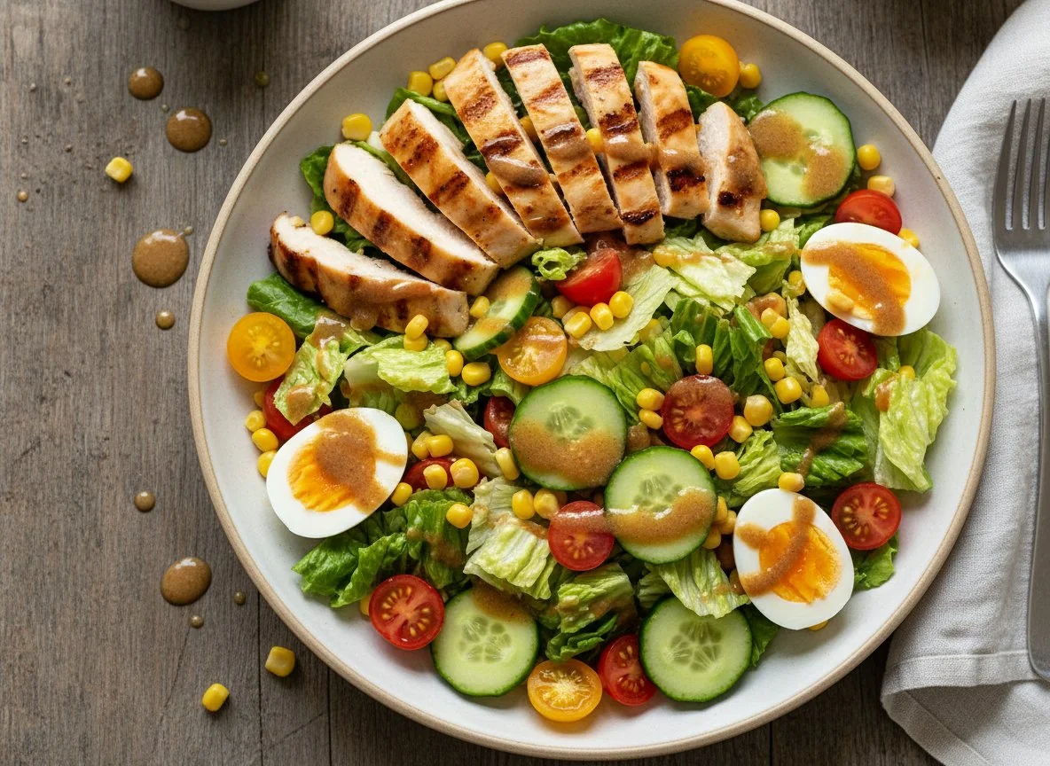 Овощной салат с куриной грудкой гриль и соево-имбирной заправкой photo