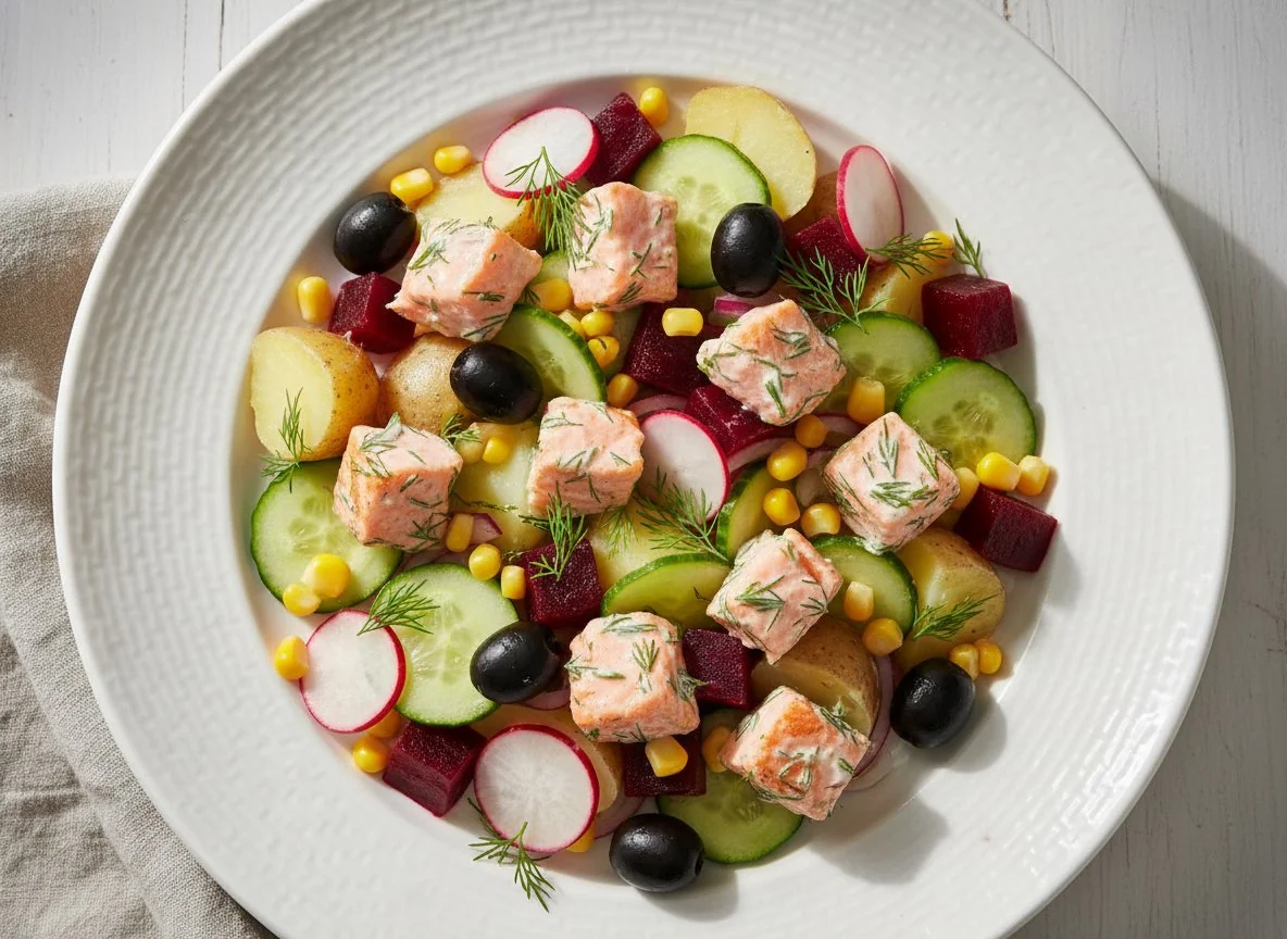 Овощной салат с лососем и оливками photo