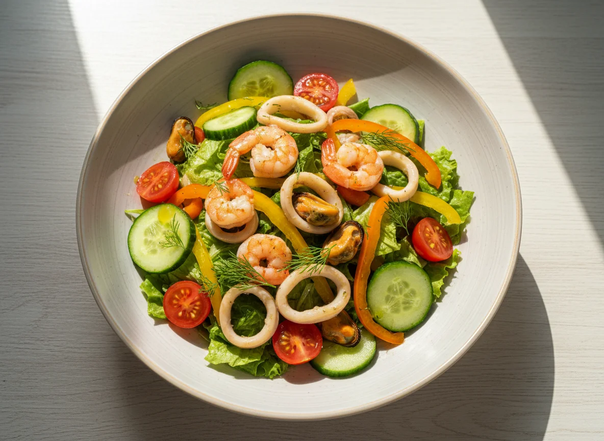 Овощной салат с морепродуктами photo