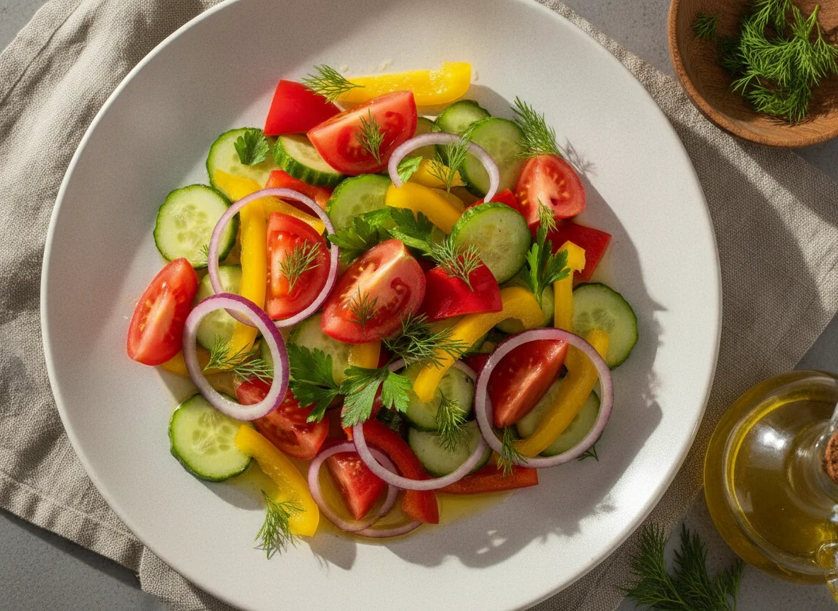 Овощной салат с помидорами, огурцами и перцем photo