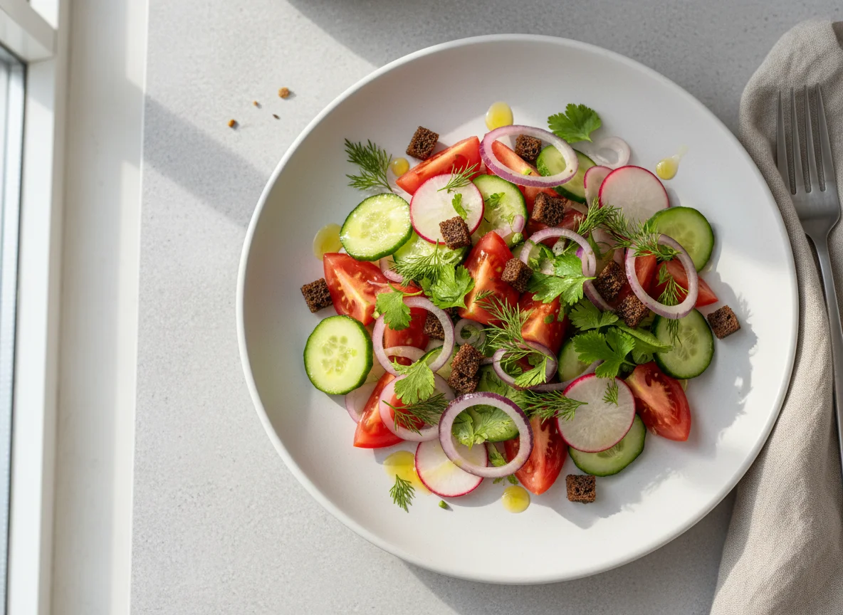 Овощной салат с редисом и маринованным луком photo