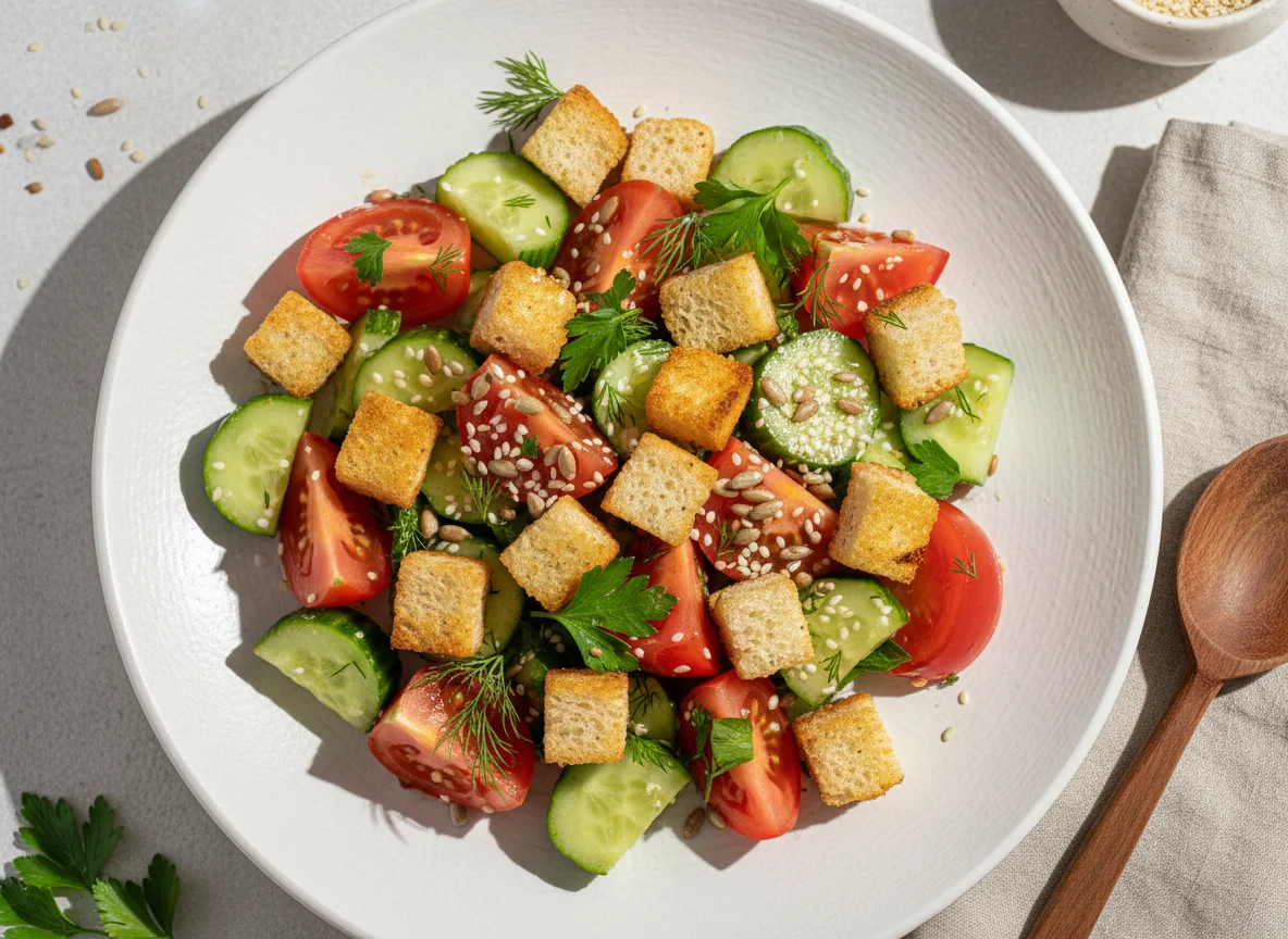 Овощной салат с сухариками и семечками photo