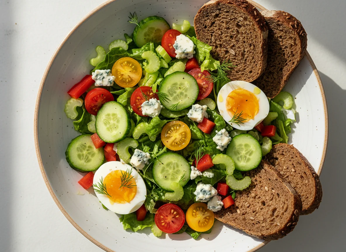 Овощной салат с сыром, яйцом и хлебом photo