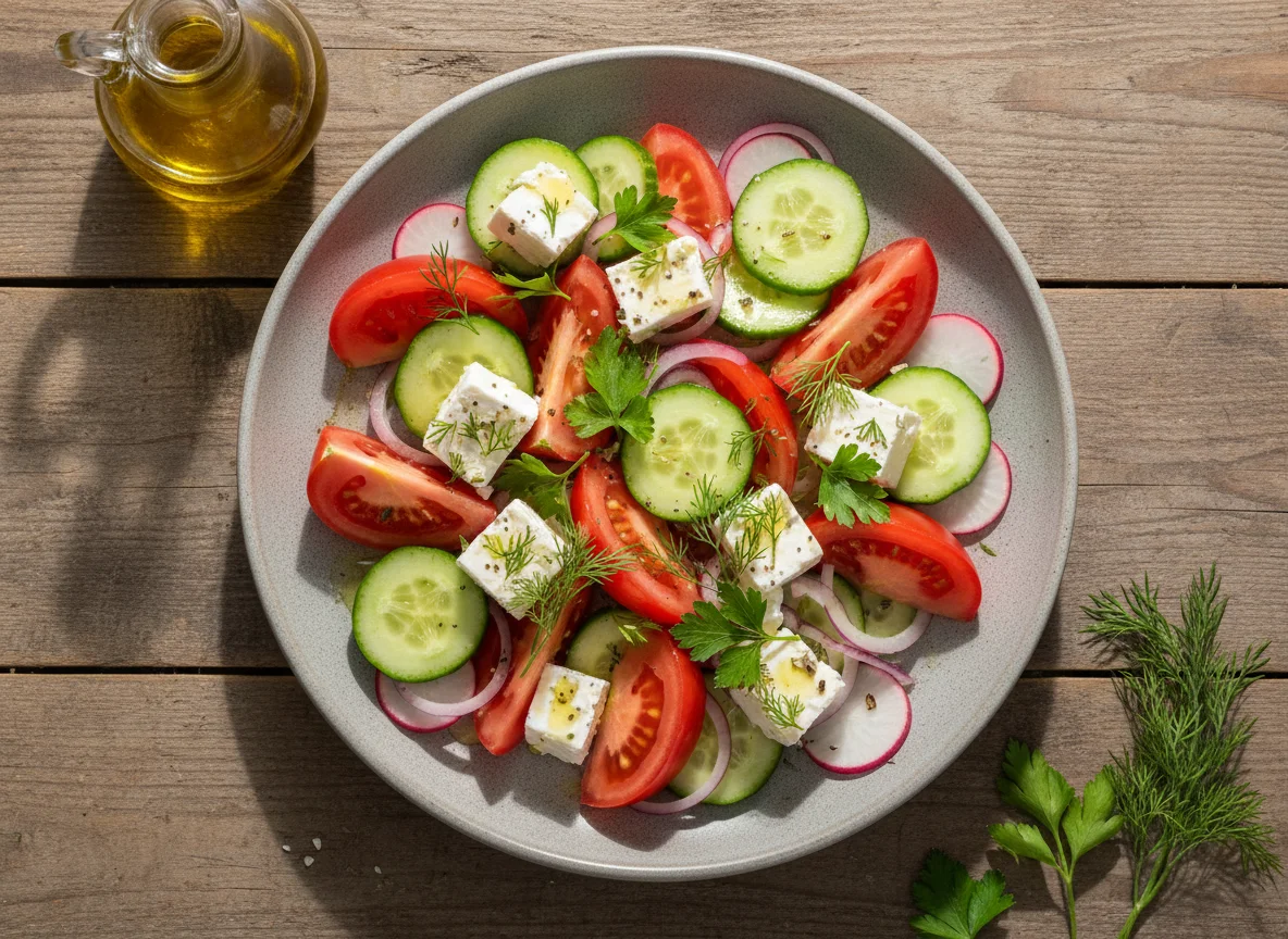 Овощной салат с сыром фета и зеленью photo