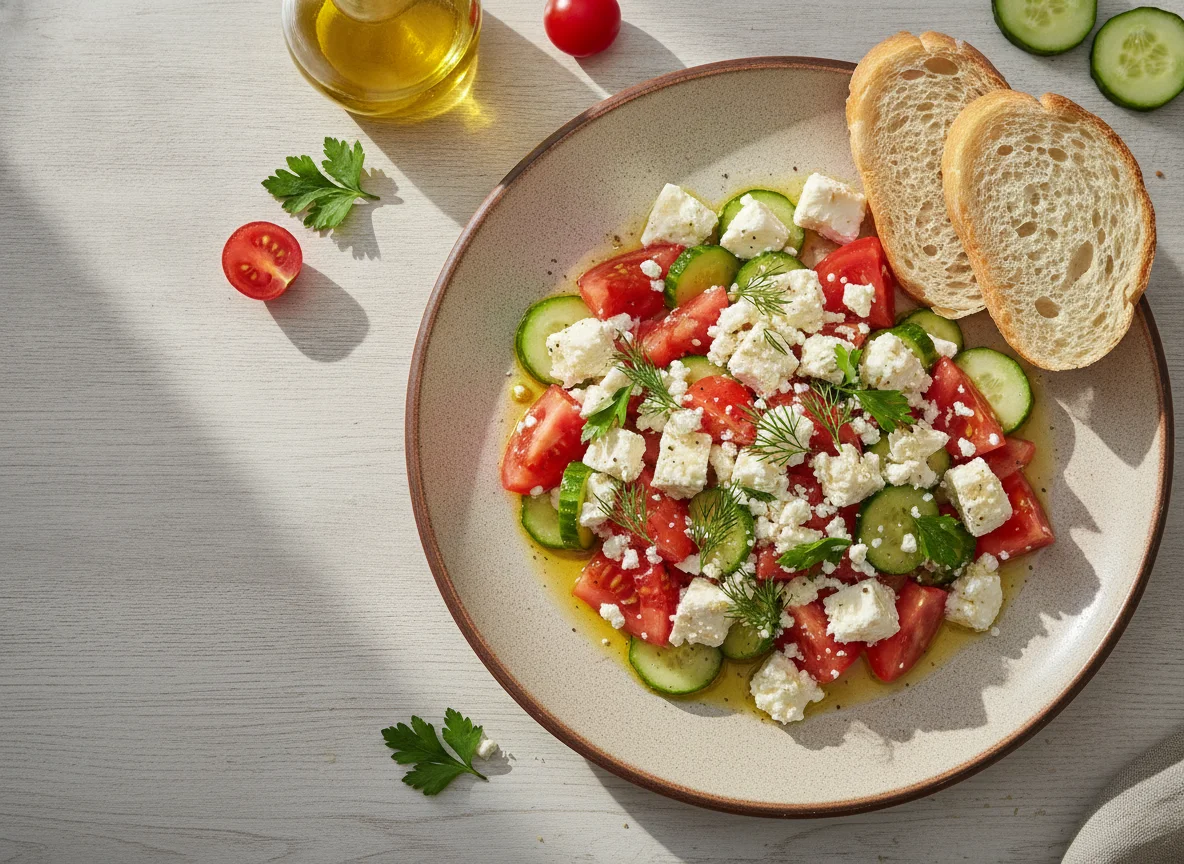 Овощной салат с сыром и хлебом photo