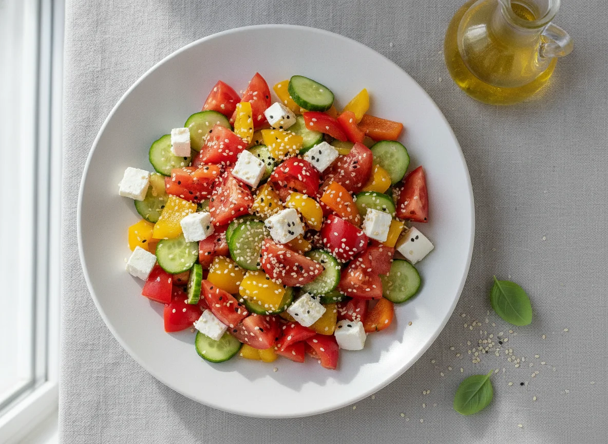 Овощной салат с сыром и кунжутом photo