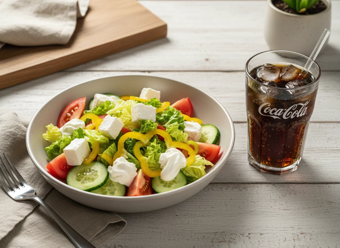 Овощной салат с сыром и напиток photo