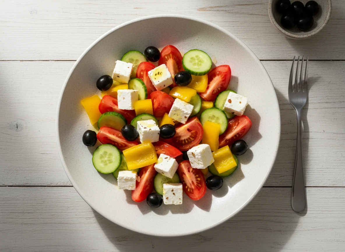 Овощной салат с сыром и оливками photo