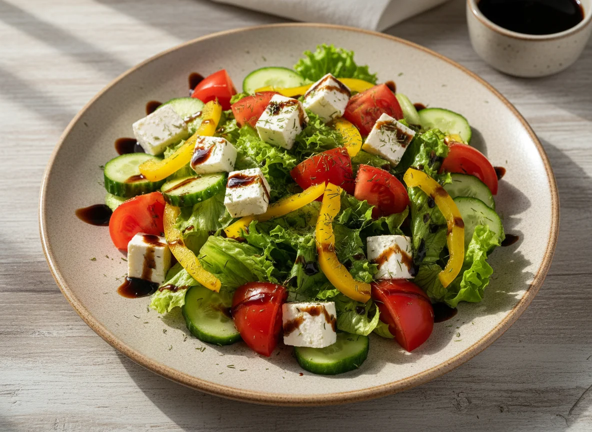 Овощной салат с сыром и соевым соусом photo