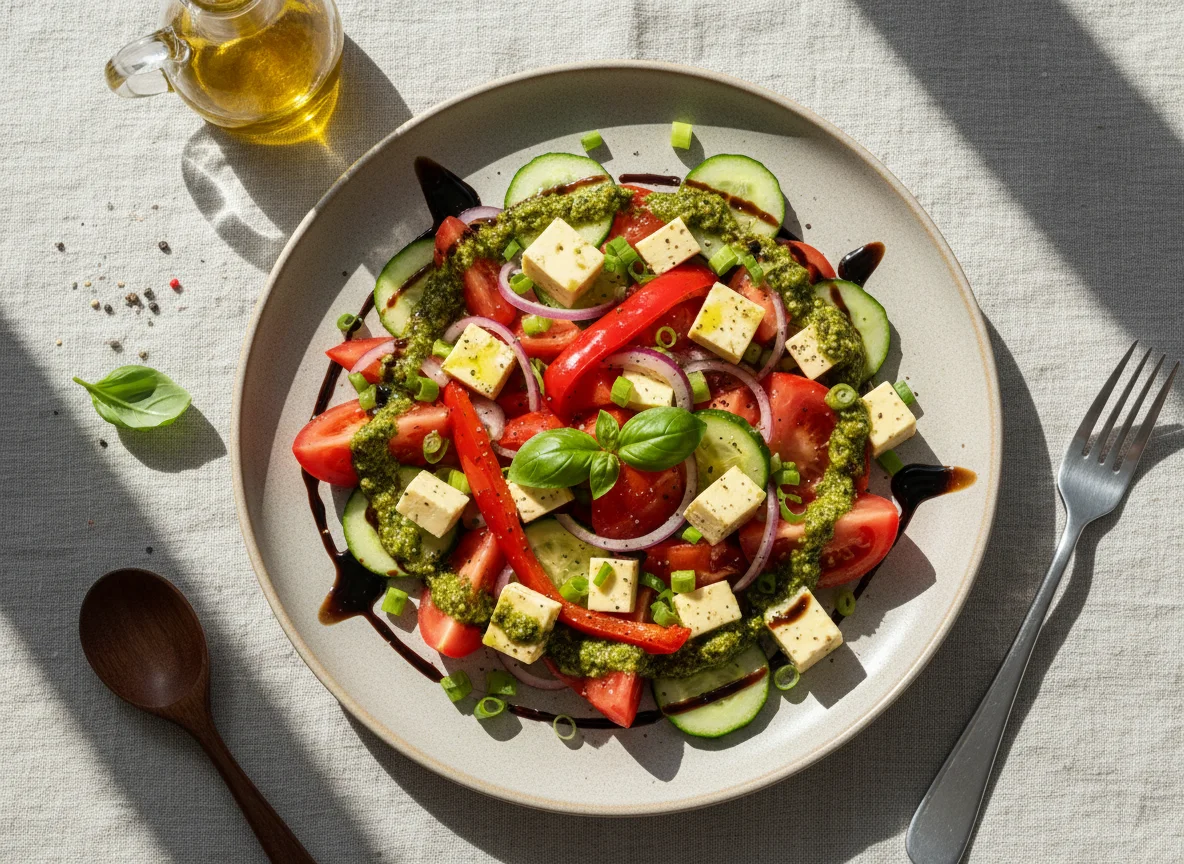 Овощной салат с сыром и соусами photo