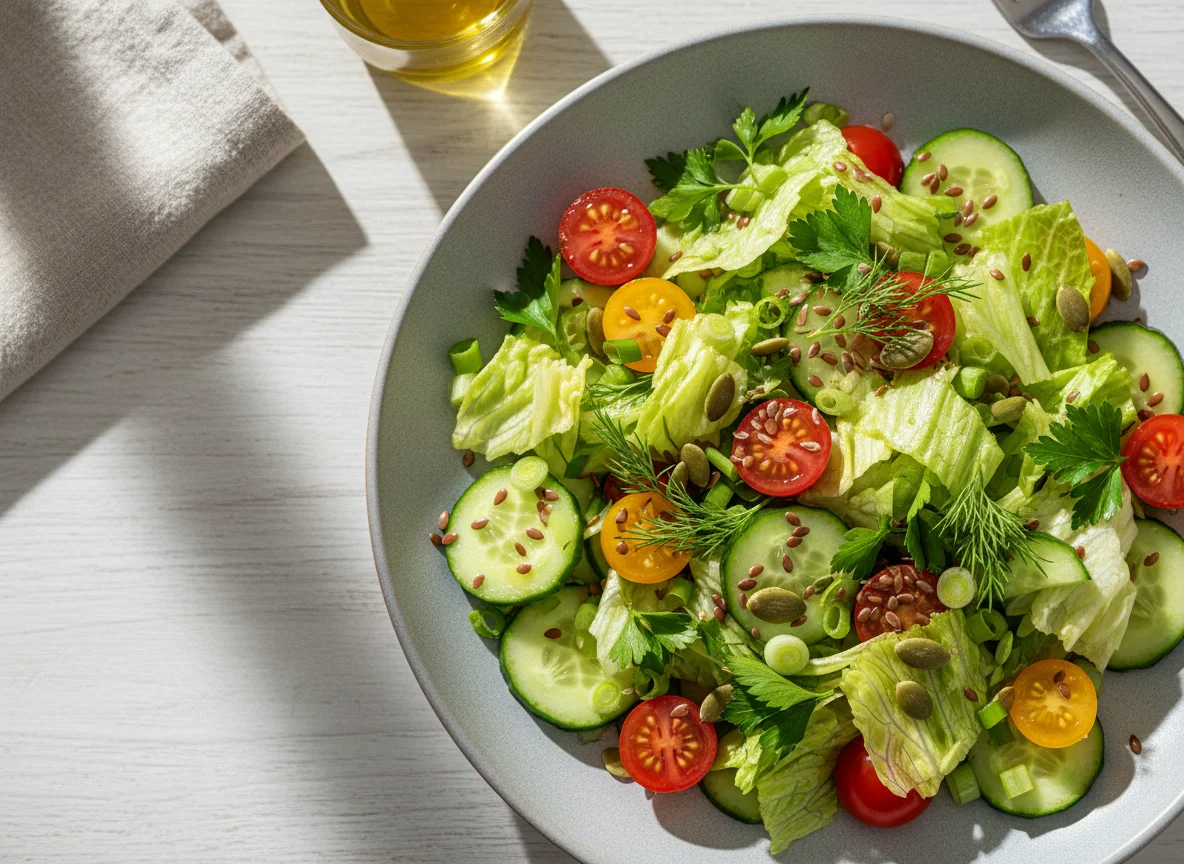 Овощной салат с зеленью и семенами photo