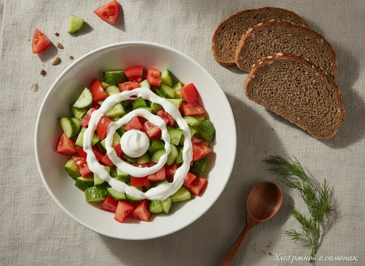 Овощной салат со сметаной и ржаным хлебом photo