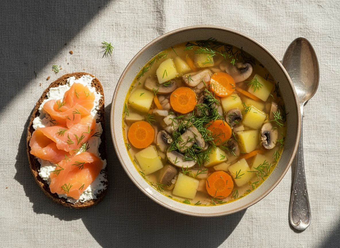 Овощной суп и бутерброд с лососем photo
