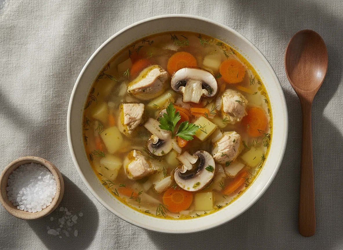 Овощной суп с грибами и курицей photo