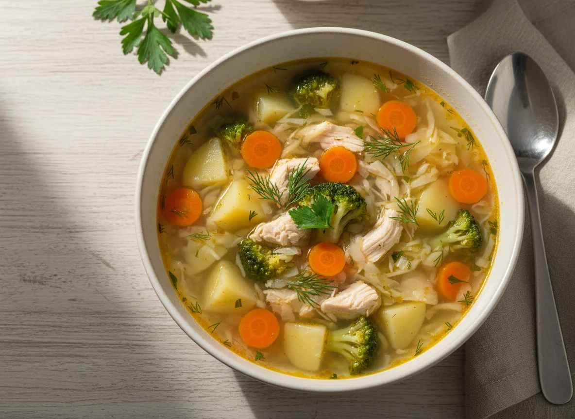 Овощной суп с курицей и брокколи photo