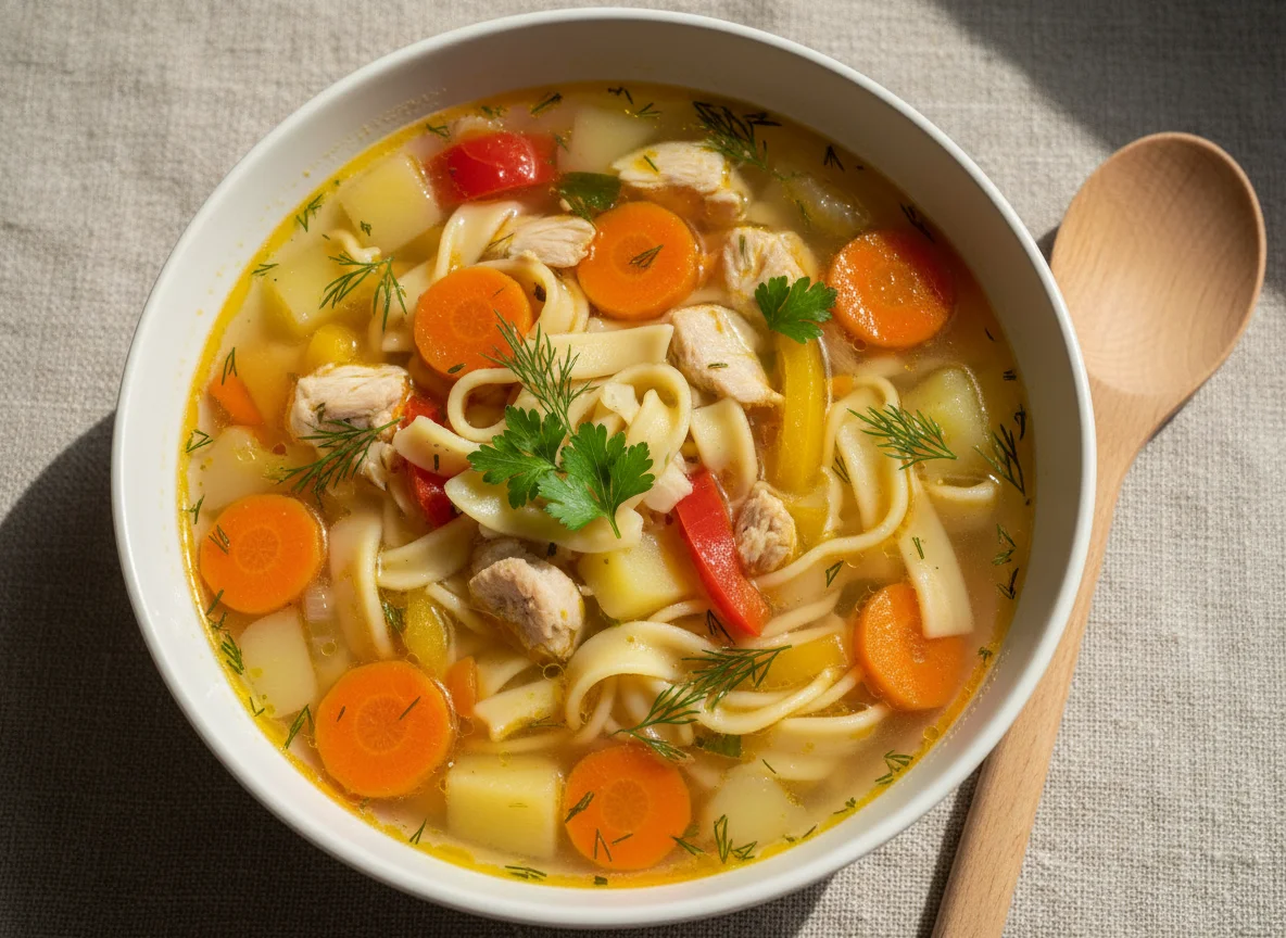 Овощной суп с курицей и лапшой photo