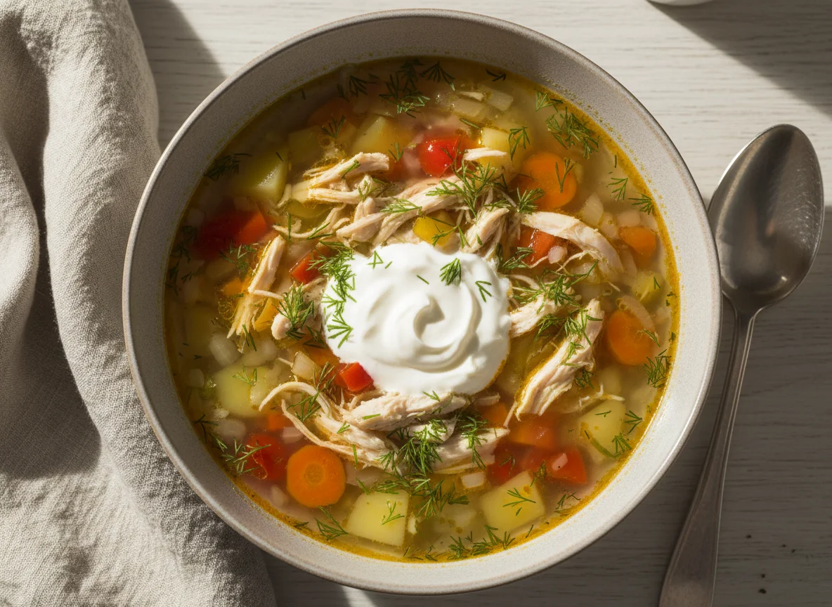Овощной суп с курицей и сметаной photo
