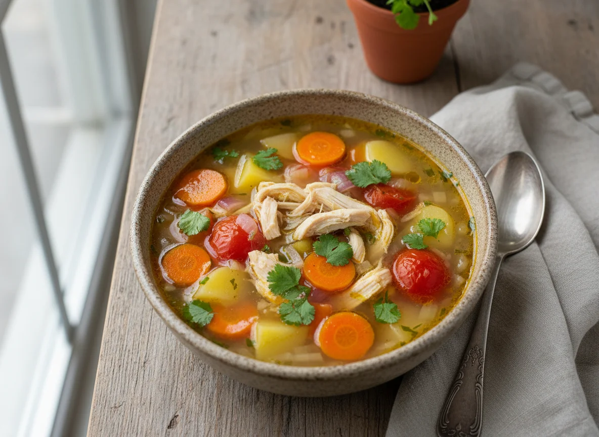 Овощной суп с курицей и зеленью photo