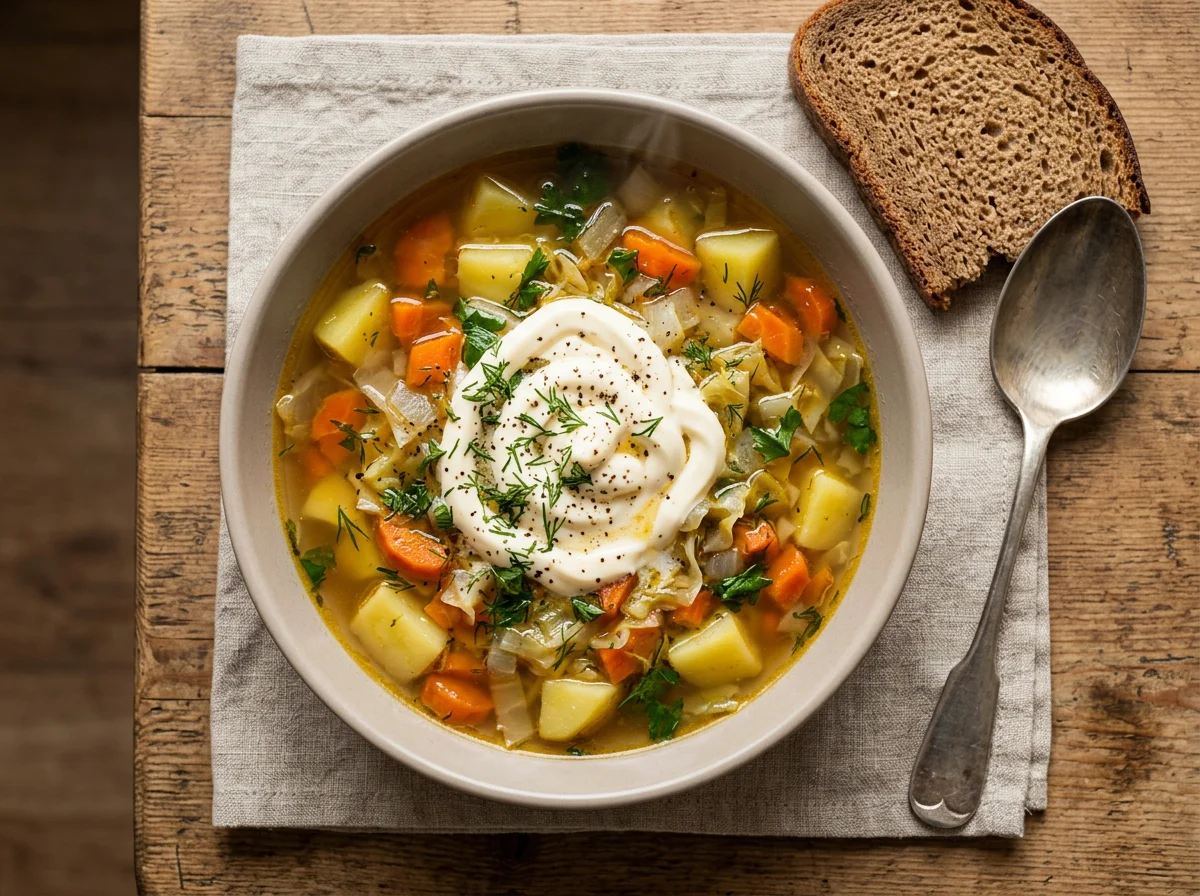 Овощной суп с майонезом и хлебом photo