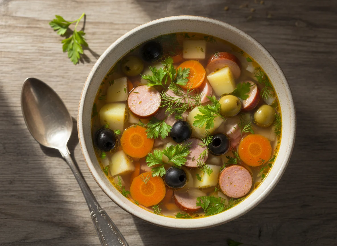 Овощной суп с мясом и оливками photo