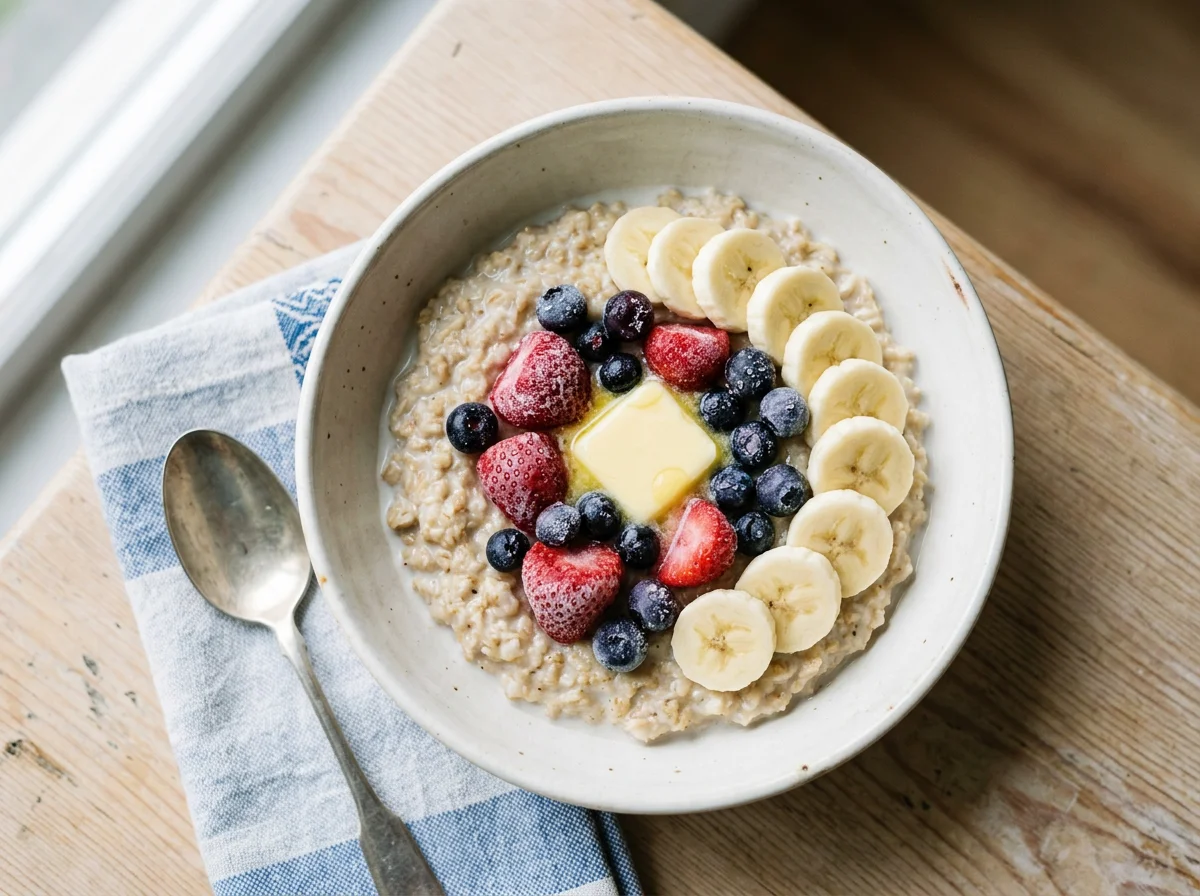 Овсяная каша с ягодами, бананом и маслом photo