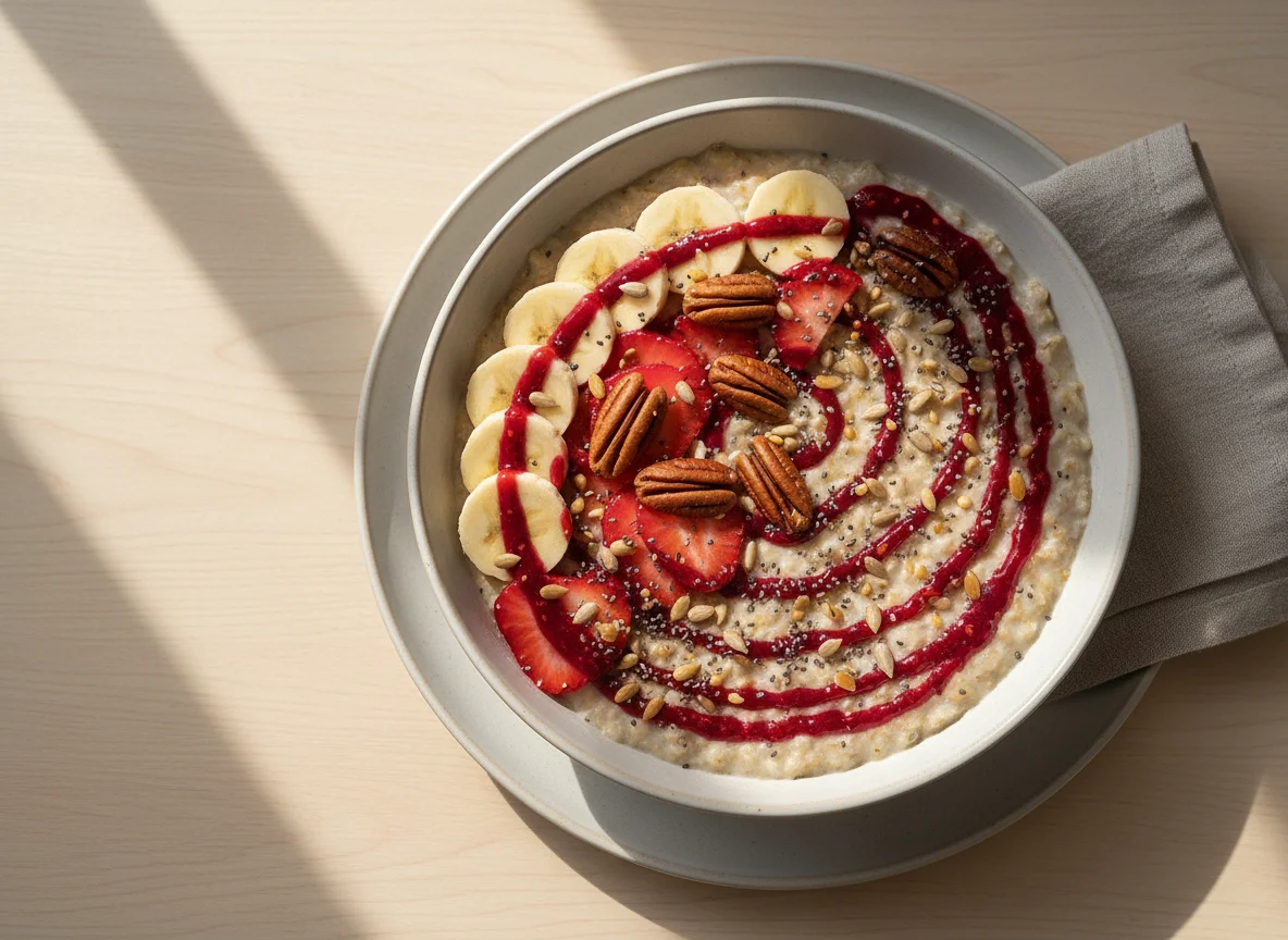 Овсяная каша с ягодами, бананом и орехами photo