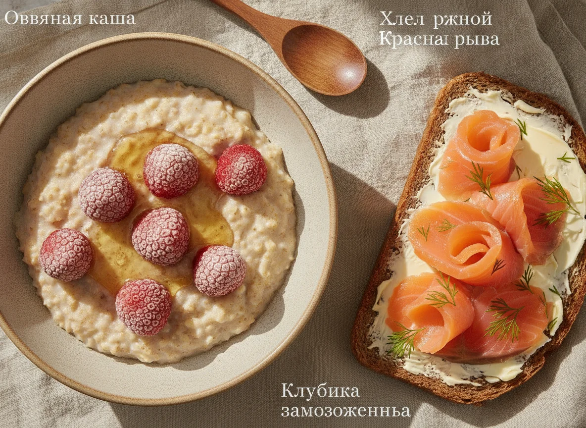 Овсяная каша с ягодами и медом, бутерброд с красной рыбой photo