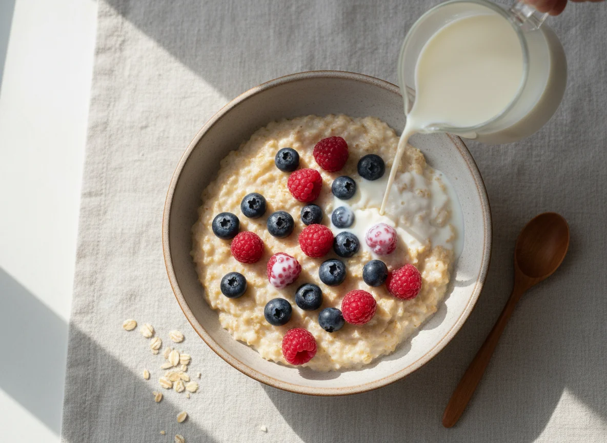 Овсяная каша с ягодами и молоком photo