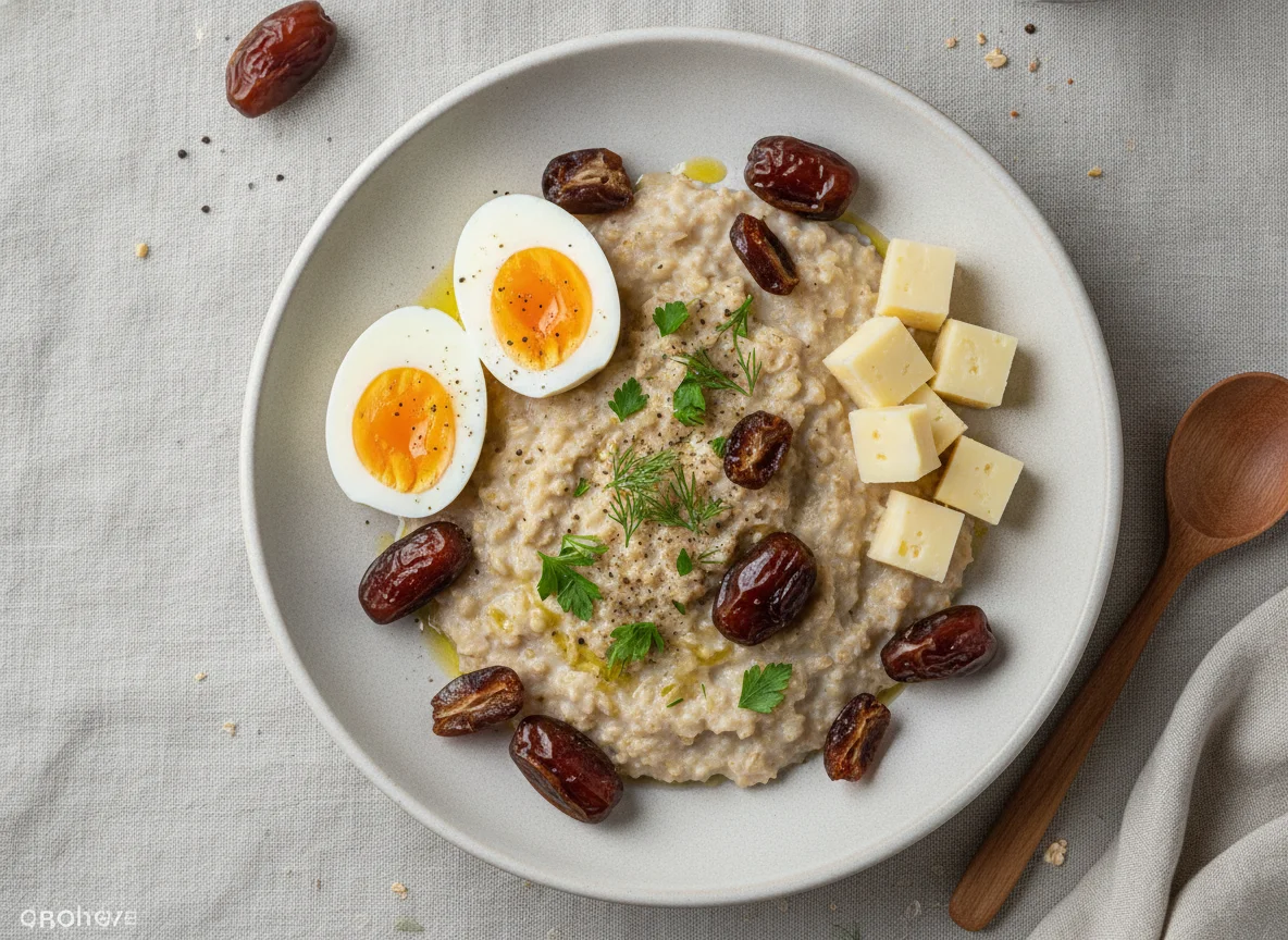 Овсяная каша с яйцами, сыром и финиками photo