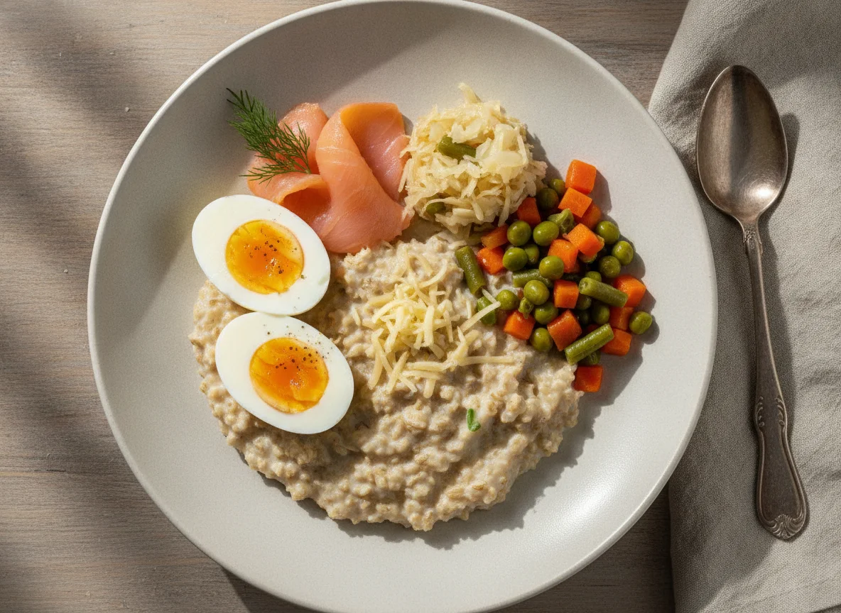 Овсяная каша с яйцом, лососем и овощами photo