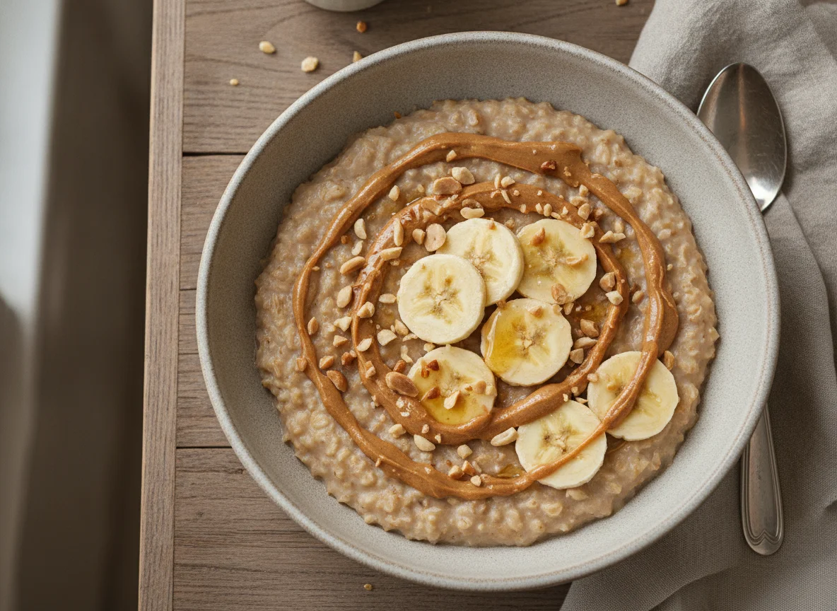Овсяная каша с бананом и арахисовой пастой photo
