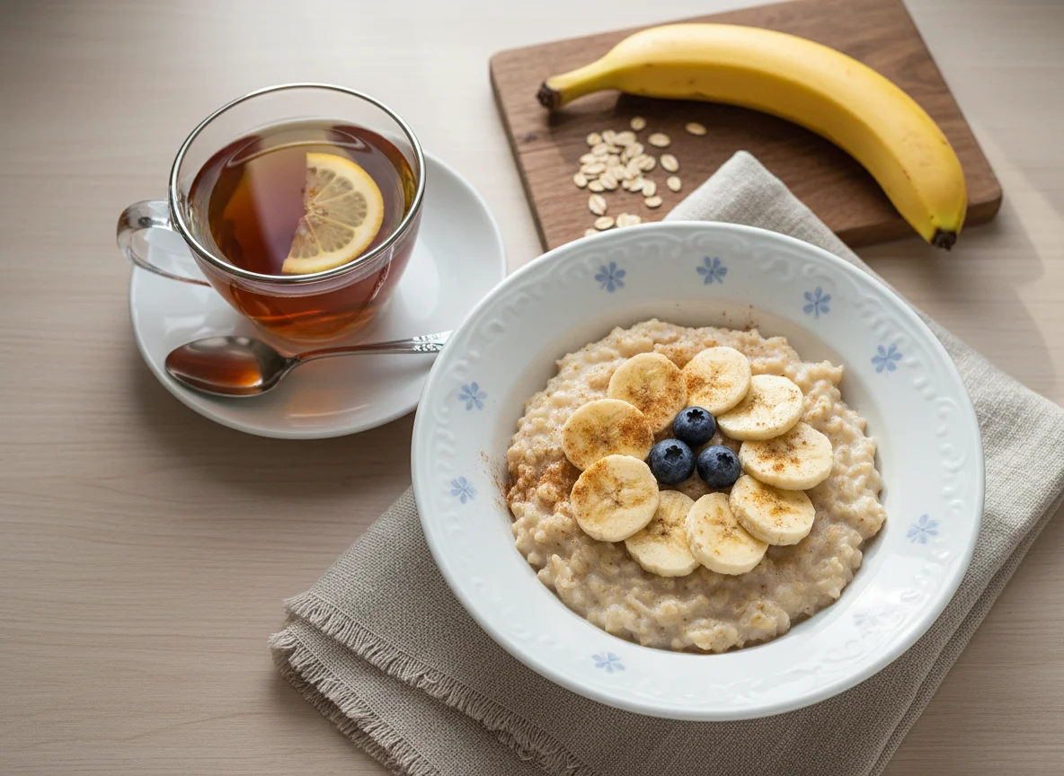 Овсяная каша с бананом и чай photo