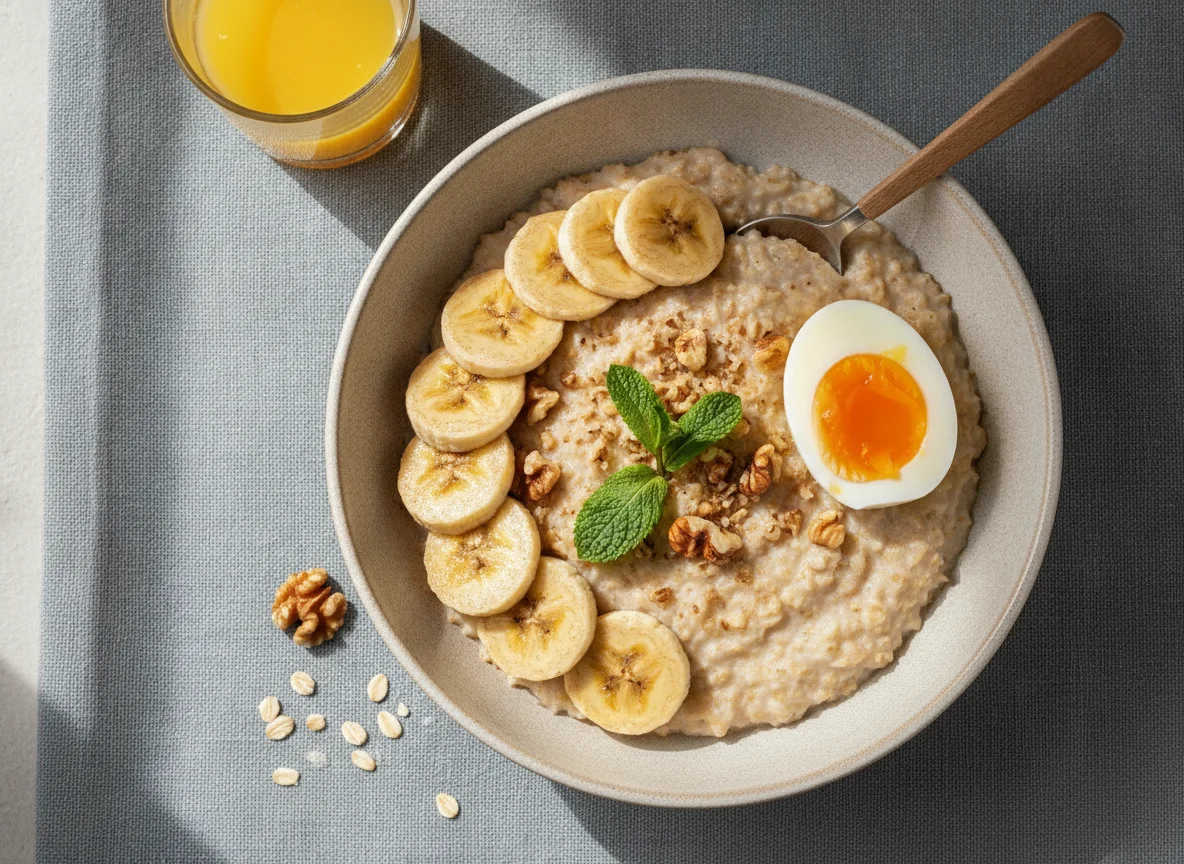 Овсяная каша с бананом и вареным яйцом photo