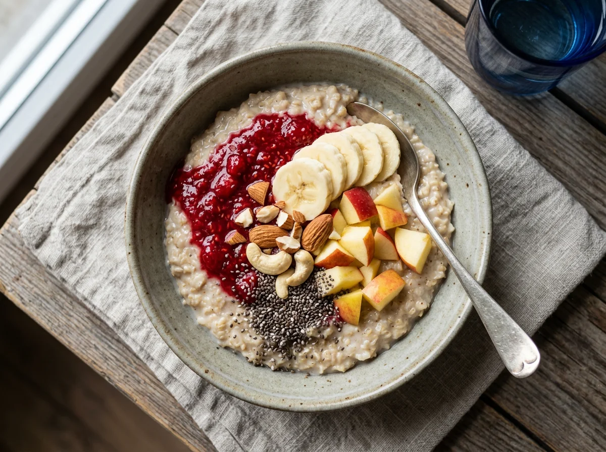 Овсяная каша с фруктами, орехами и семенами чиа photo