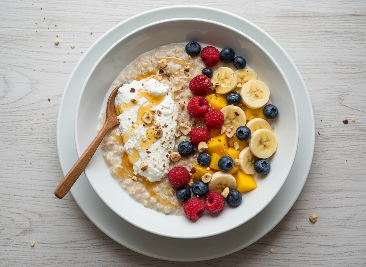 Овсяная каша с фруктами, орехами и творогом photo